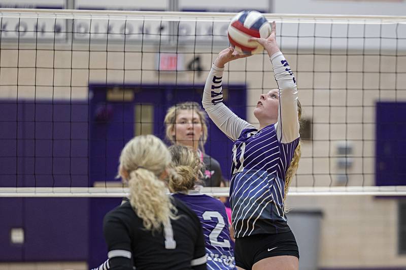 Dixon’s Presley Lappin sets the ball against Rock Falls Thursday, Oct. 12, 2023 at Dixon High School.