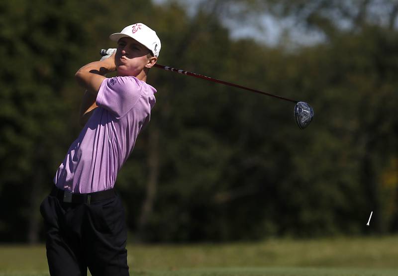 Hampshire’s Nolan Adamczyk watches his tee shot on the 10th hole during the Fox Valley Conference Boys Golf Tournament Wednesday, Sept. 25, 2024, at RedTail Golf Club in Lakewood.
