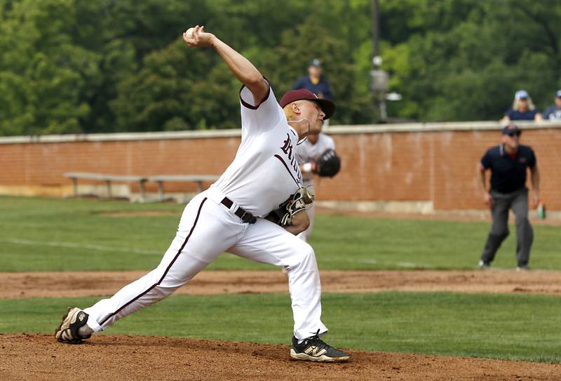 Prairie Ridge’s Owen Satterlee throws a pitch during the IHSA Class 3A Grayslake Central Sectional semifinal baseball game against Cary-Grove on Wednesday, June 4, 2025, at Grayslake Central High School.