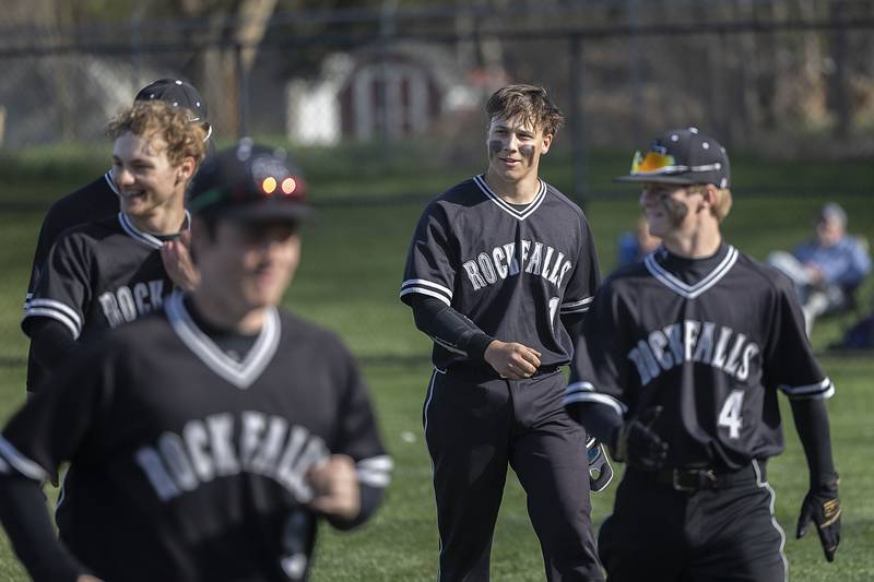 Rock Falls’ Isaiah Kobbeman gets the temporary silent treatment after hitting a solo home run against Dixon on Tuesday, April 18, 2023.