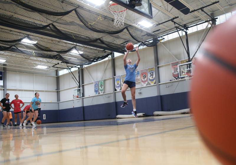 Briana Crownover a seventh-grader at Bureau Valley, does a layup during the Fellowship of Christian Athletes Basketball Camp on Tuesday, July 8, 2025 at Bureau Valley High School.