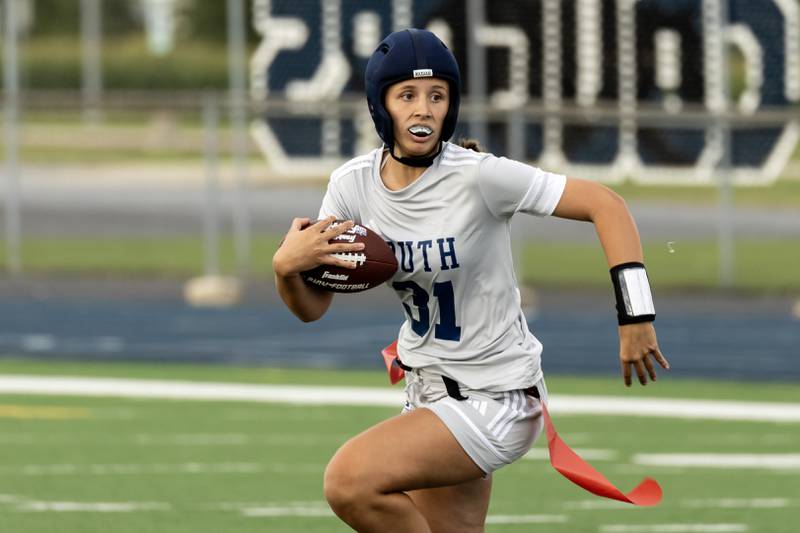 Plainfield South’s Brooke McDonald Plainfield dodges the defense during a home game against Joliet West on Aug. 27, 2025.