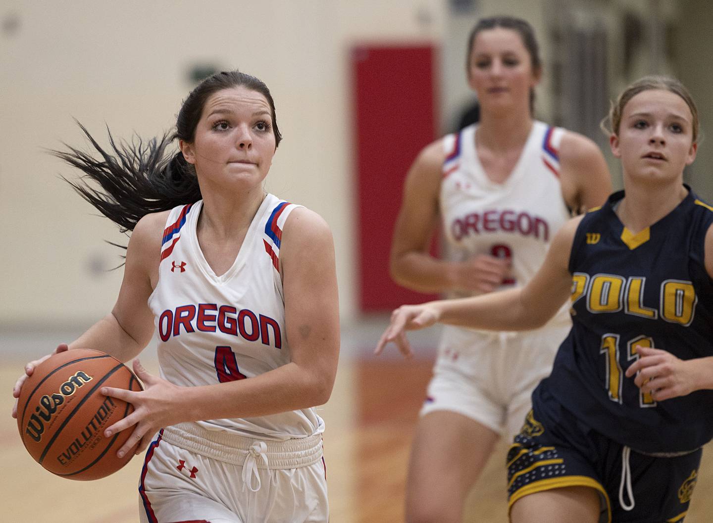 Oregon’s Katelyn Bowers eyes the hoop on a fast break Tuesday, Nov. 22, 2022 while playing Polo.