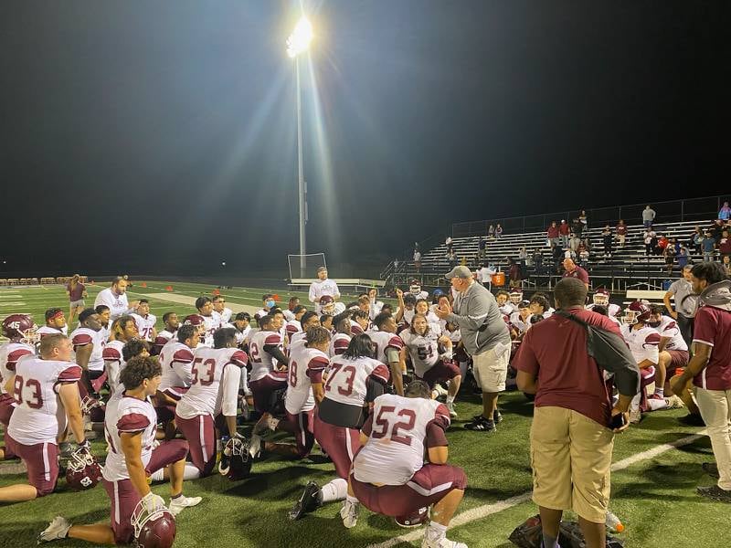 Morton's football team celebrates its win over Addison Trail this past Friday, Sept. 10, 2021.
