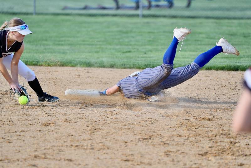 Princeton's Makayla Hecht dives into second base for a steal Tuesday at Little Siberia Field against Rockridge.