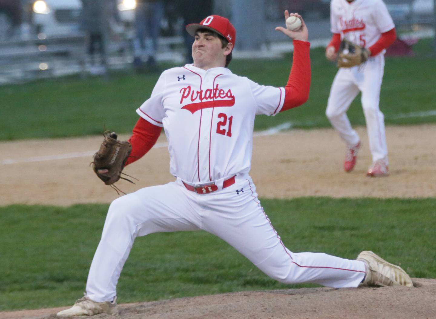 Ottawa pitcher Jack Olson delivers a pitch to La Salle-Peru on Monday, April 25, 2022, at King Field.