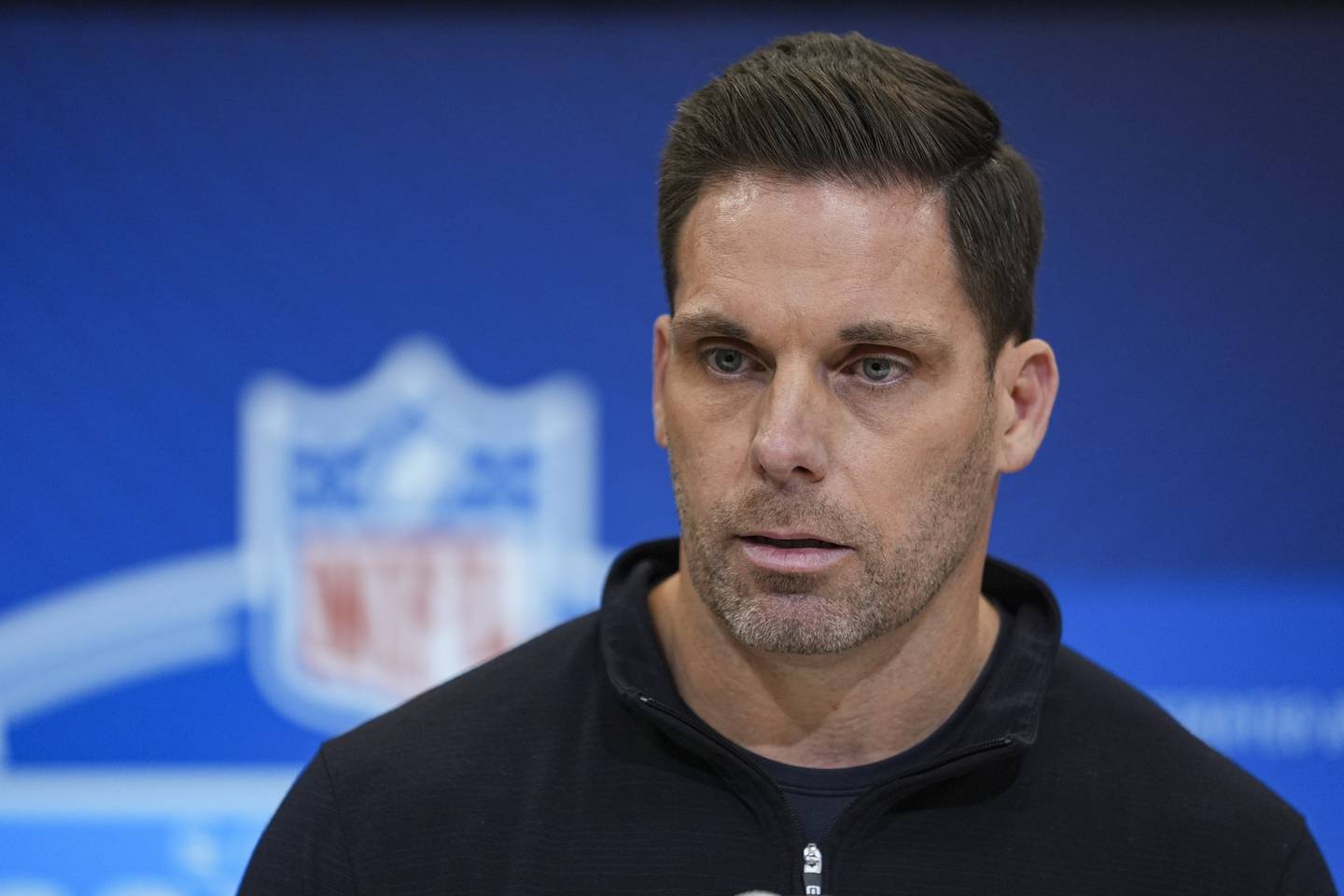 Carolina Panthers general manager Dan Morgan speaks during a press conference at the NFL football scouting combine in Indianapolis, Tuesday, Feb. 25, 2025. (AP Photo/Michael Conroy)