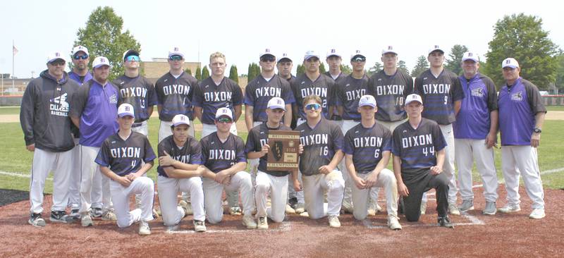 The Dixon varsity pose with their regional trophy. Dixon defeated Sterling 10-2 to win the Freeport regional in Freeport on May 31st, 2025.