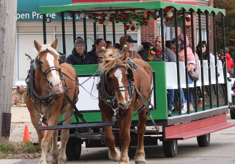 A team of horses pull a group of people during the annual Christmas Walk on Saturday, Nov. 22, 2025 in Princeton.