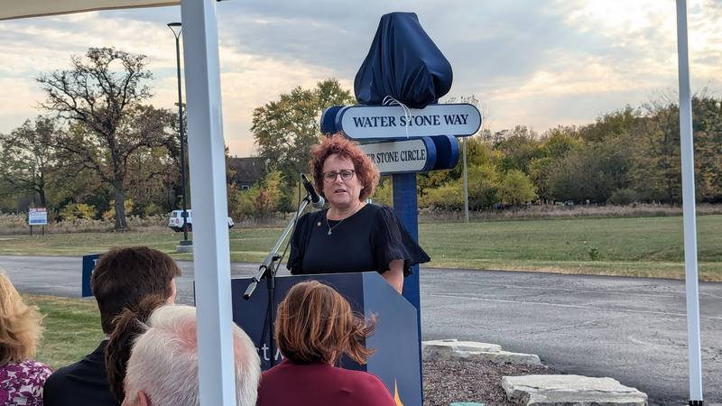 Lightways CEO Mary Kay Sheehan speaks at Lightways Hospice and Serious Illness Care in Joliet for the dedication of Honorary Duane Krieger Drive on Tuesday, October 22, 2024.