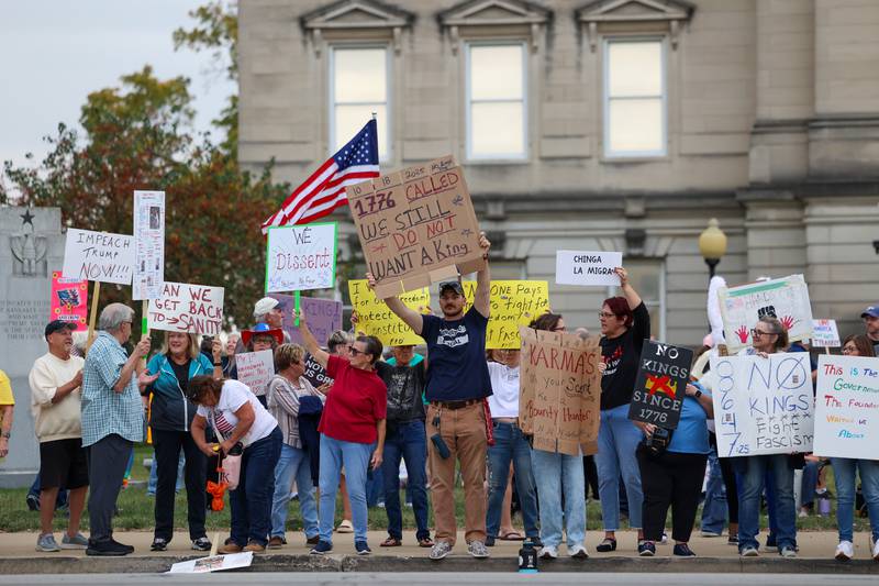 Protestors demonstrate at the Kankakee County Courthouse during the No Kings Rally on Saturday, Oct. 18, 2025.