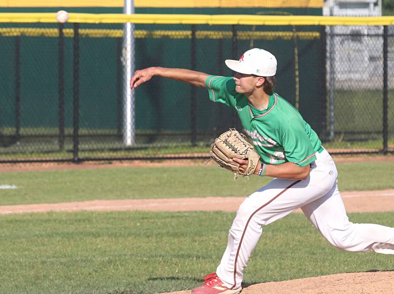 L-P's Brendan Boudreau lets go of a pitch to Morris during the Class 3A Regional semifinal game at Huby Sarver Field in La Salle.