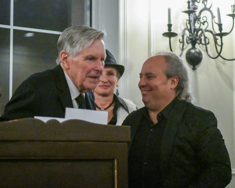 Charlemagne Award nominee Ron Onesti, right, congratulates Harrison Schneider after Harrison became the 2026 Charlemagne Award winner by the St. Charles Area Chamber of Commerce Friday May 1, 2026.