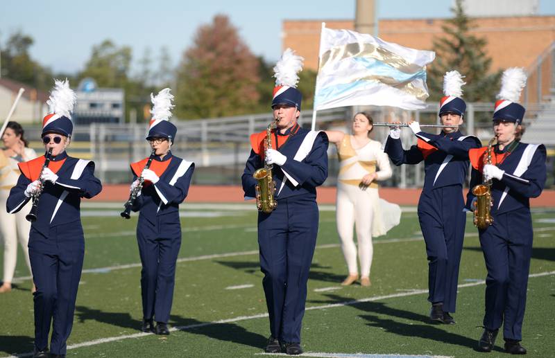 Members of the Stagg Marching Band perform during the annual Music Bowl Competition held at Downers Grove South Saturday, Oct. 7, 2023.