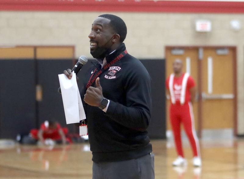 Huntley High School Principal Marcus Belin introduces the Jesse White Tumblers during the Black History Month event, titled “Celebrating Black Stories: Narratives on Identity, Belonging and Community,” which was held Feb. 24, 2022, at Huntley High School.