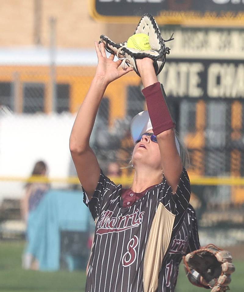 Morris' Natalie Lawton catches a popup during their game against Sycamore Wednesday, May 10, 2023, at Sycamore High School.