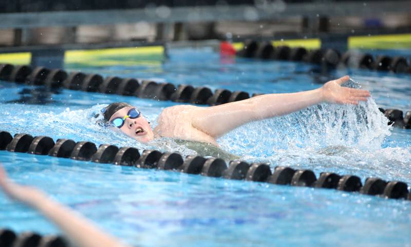 St. Charles North’s Isabelle Beu competes in the 200-yard individual medley championship heat during the IHSA Girls State Championships on Saturday, Nov. 16, 2024 at FMC Natatorium in Westmont.