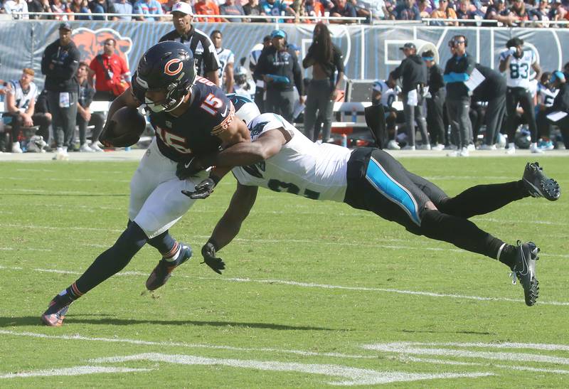 Chicago Bears wide receiver Rome Odunze makes a catch over Carolina Panthers cornerback Mike Jackson on Sunday, Oct. 6, 2024 at Soldier Field in Chicago.