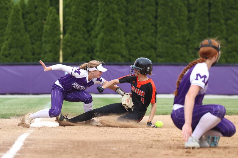 Beecher's Elena Kvasnicka slides into third as Manteno's Aubrie Goudreau loses the ball during Beecher's 14-6 victory over Manteno in the Class 2A Manteno Regional championship on Friday, May 22, 2026.