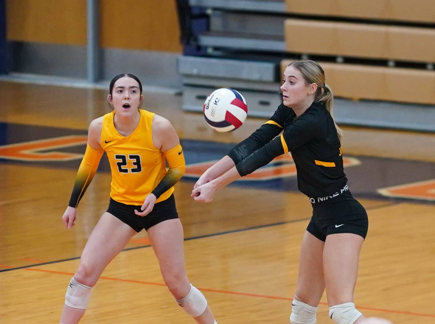 Joliet West's Ava Grevengoed (1) bump sets the ball against Lincoln-Way West during a class 4A Oswego Sectional semifinal match at Oswego High School on Monday, Oct. 30, 2023.