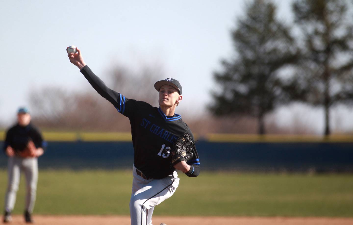 St. Charles North’s Matt Ritchie pitches during a game on Tuesday, April 8, 2025 at Burlington Central.