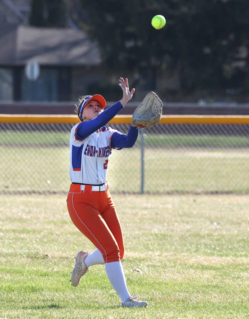 Genoa-Kingston's Brooklynn Ordlock makes a running catch in the outfield Monday, March 23, 2026, during their game at Hinckley-Big Rock High School.