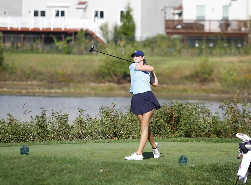 Oswego East’s Alli Wiertel tees off during the Class 2A Waubonsie Valley Girls Golf Sectional on Monday, Oct. 6, 2025 at Springbrook Golf Course in Naperville.