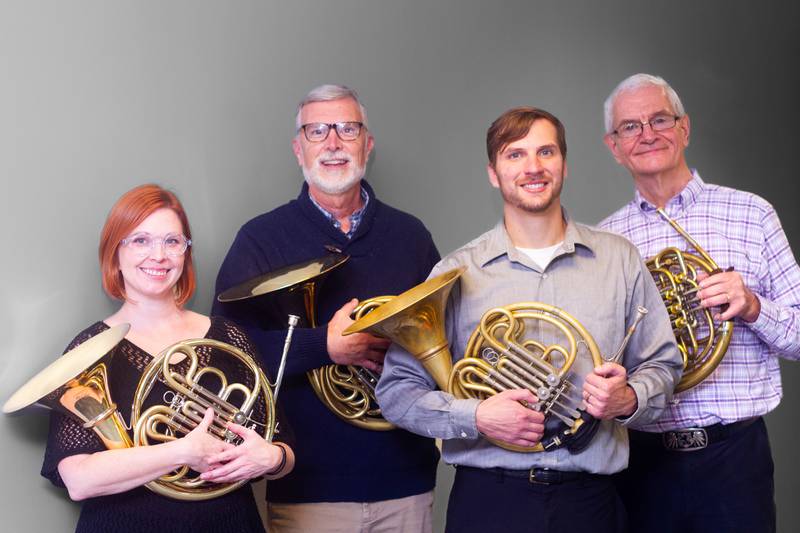 Christine Hansen (from left), David Synder, Micah Lancaster and Phil Lancaster will be horn soloists in an upcoming concert by the Illinois Valley Symphony Orchestra.