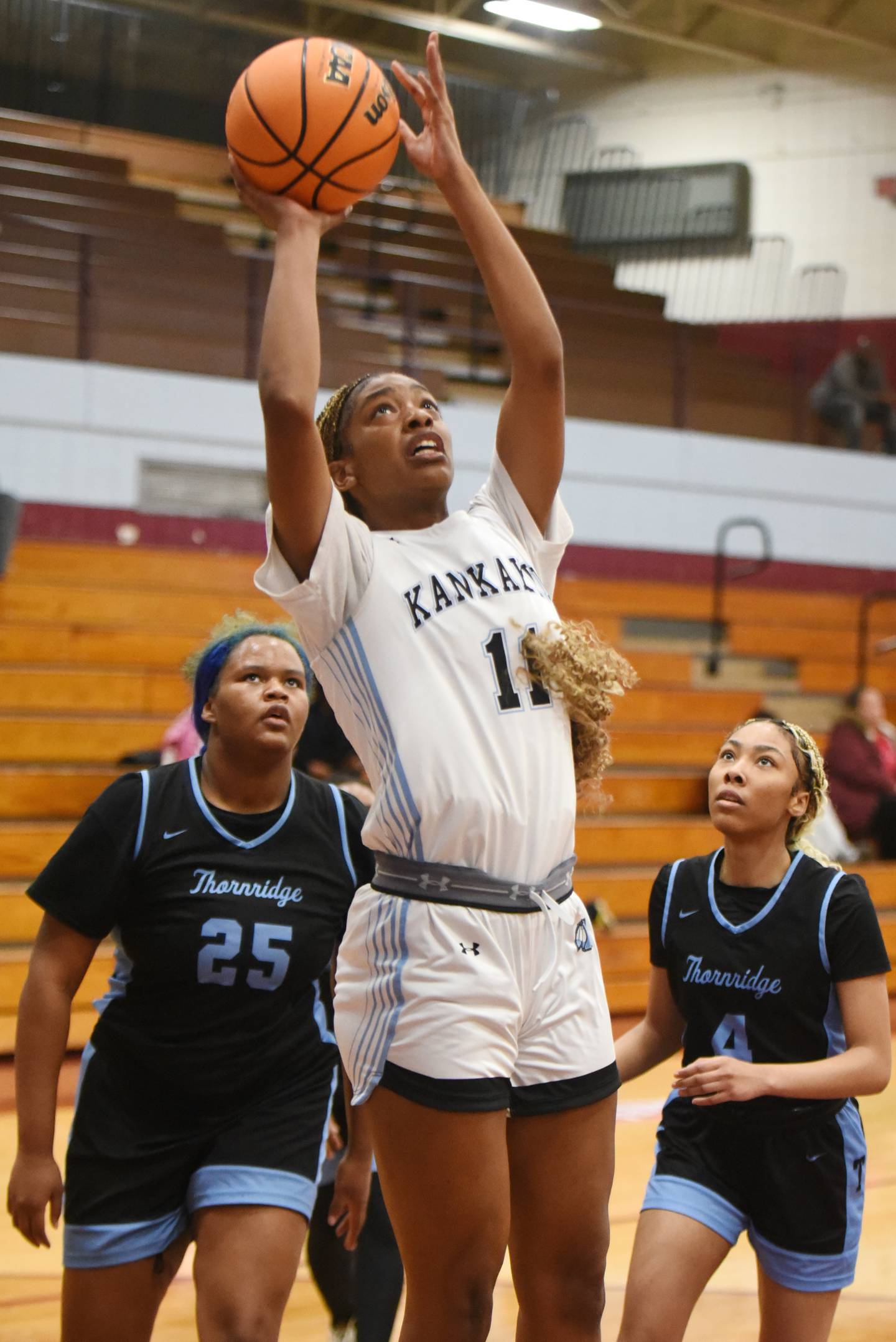 Kankakee's Shania Johnson lays it up during a home game against Thornridge Thursday, Jan. 8, 2026.
