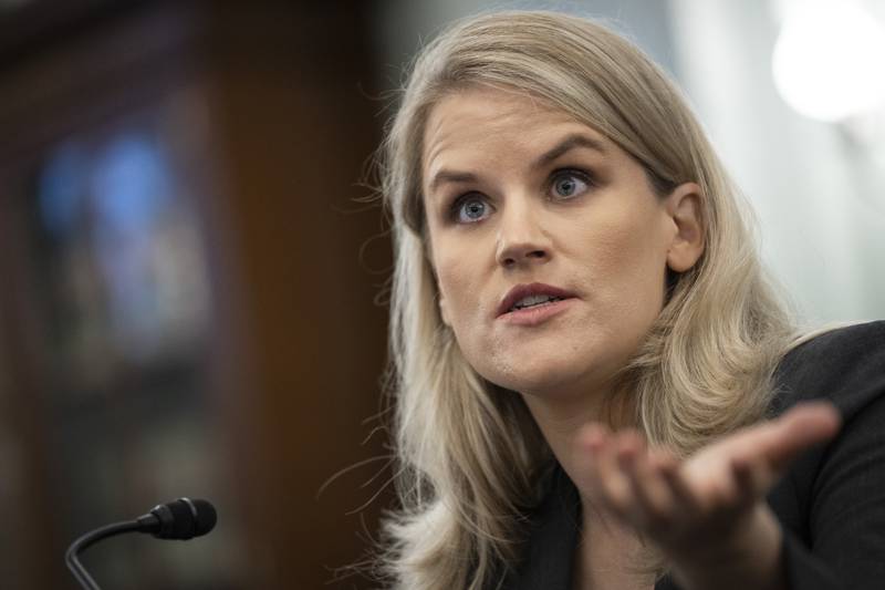 Former Facebook employee and whistleblower Frances Haugen testifies during a Senate Committee on Commerce, Science, and Transportation hearing on Capitol Hill on Tuesday, Oct. 5, 2021, in Washington. (Drew Angerer/Pool via AP)