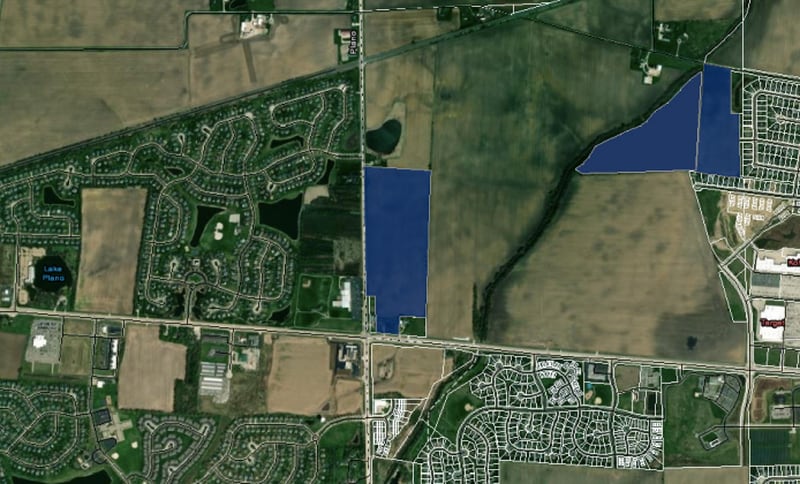Kelaka, LLC, is requesting rezoning three separate properties totaling 112.44 acres for the purpose of constructing large data center industrial buildings. The unincorporated farmland properties are located south of Faxon Road and west of Iroquois Lane. The third property, currently within Yorkville city limits, is 2,400 feet southwest of the other two, separated by the Rob Roy Creek, north of West Veterans Parkway and east of Eldamain Road.