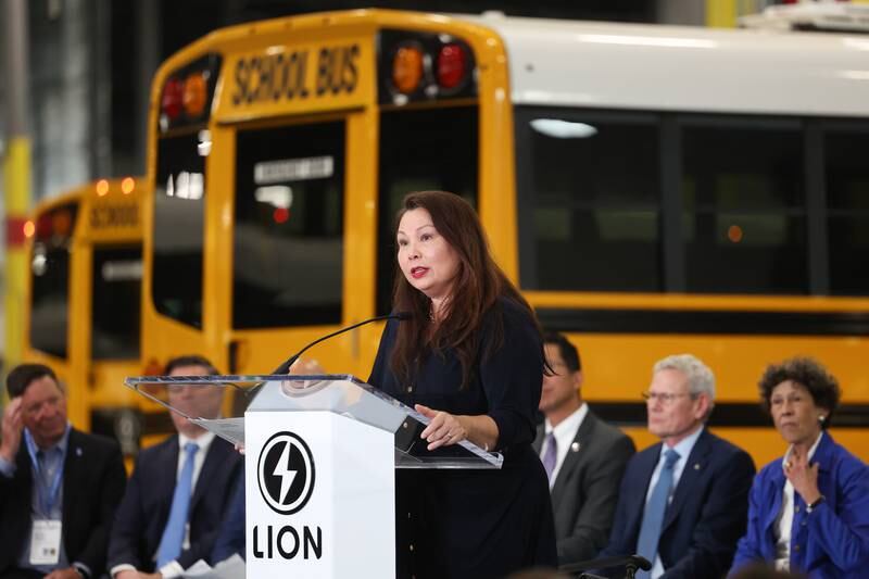 U.S. Senator of Illinois Tammy Duckworth speaks at the grand opening of the Lion Electric manufacturing facility on Friday, July 21st, 2023 in Joliet.