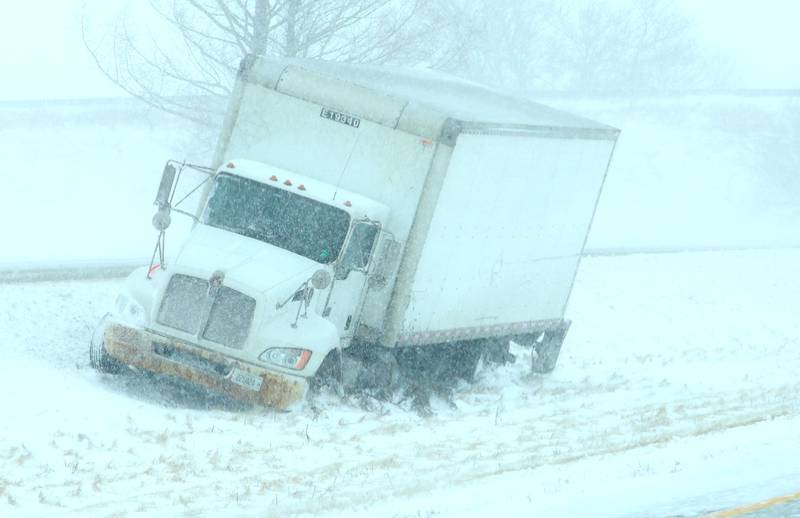 A semi truck gets stuck in the median going westbound near mile post 64 on Interstate 80 on Monday, March 16, 2026 near Spring Valley.