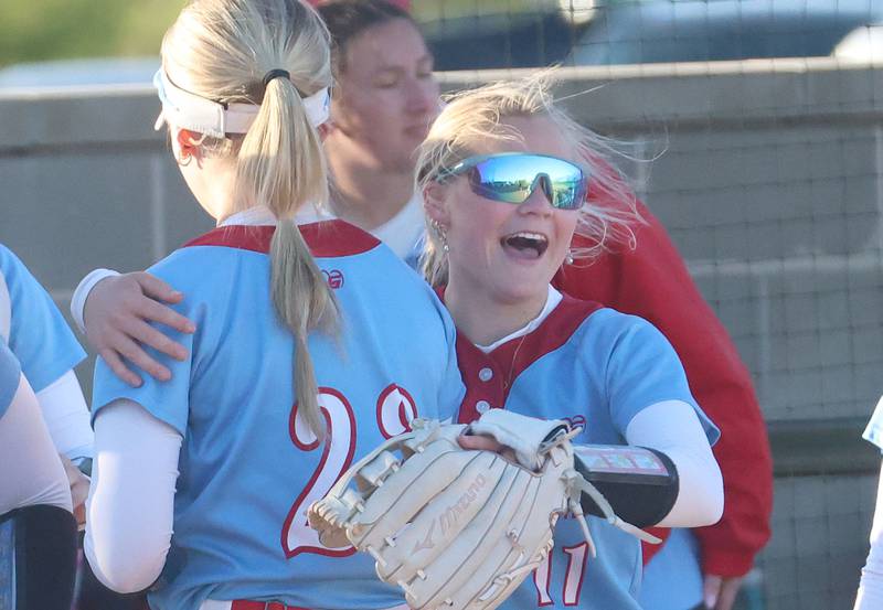 Ottawa's Rylee Harsted hugs teammate Joslyn Rose after defeating L-P on Wednesday, April 29, 2026 at the L-P Athletic Complex in La Salle.