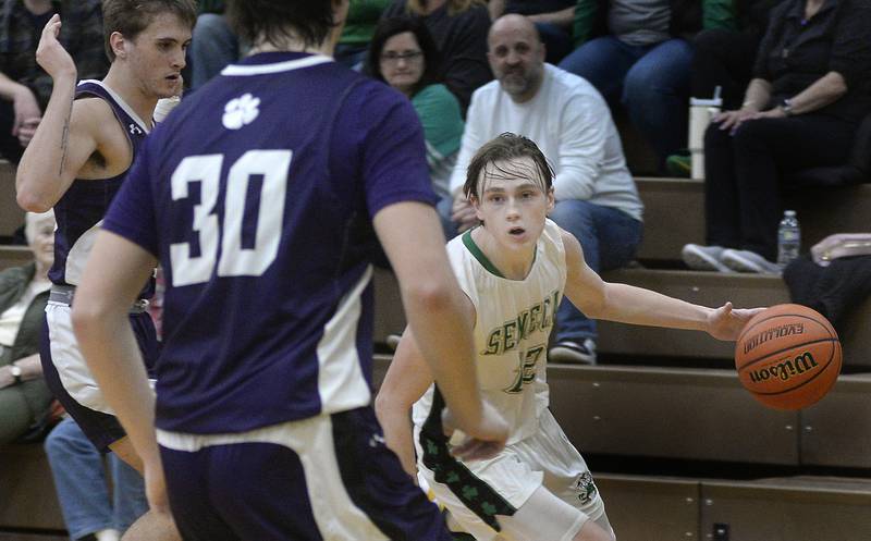 Seneca’s Braden Ellis looks to get around the Wildcat defense  in the 4th period on Saturday, Feb. 4, 2023 at Seneca.