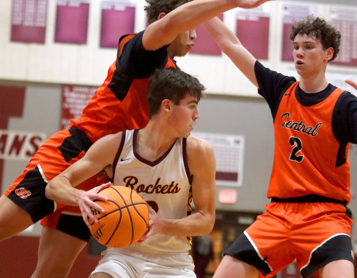 Richmond-Burton’s Dane Gardner looks for an option against Crystal Lake Central in varsity boys basketball E.C. Nichols tournament championship game action on Saturday, Dec. 27, 2025, at Homer “Bill” Barry Gymnasium on the campus of Marengo High School in Marengo.