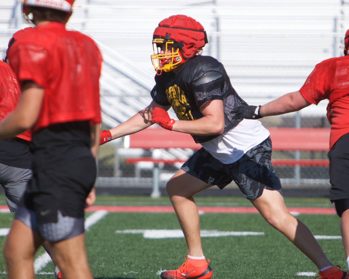 Batavia's Gavin Pecor runs drills on the defensive line at Varsity football  practice on Wednesday, Aug.13,2025 in Batavia