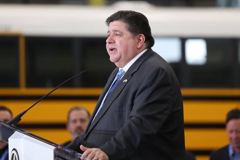 Gov. JB Pritzker speaks at the grand opening of the Lion Electric manufacturing facility on Friday, July 21, 2023 in Joliet.