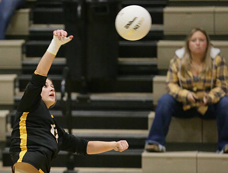 Putnam County's Avery Moutray spikes the ball to Earlville in the Class 1A Regional game on Monday, Oct. 24, 2022 at St. Bede Academy in Peru.