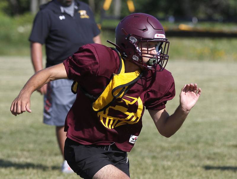 Richmond-Burton’s Nick Falasca reads the offense as he plays defense during summer football practice Thursday, July 14, 2022, at Richmond-Burton High School in Richmond.