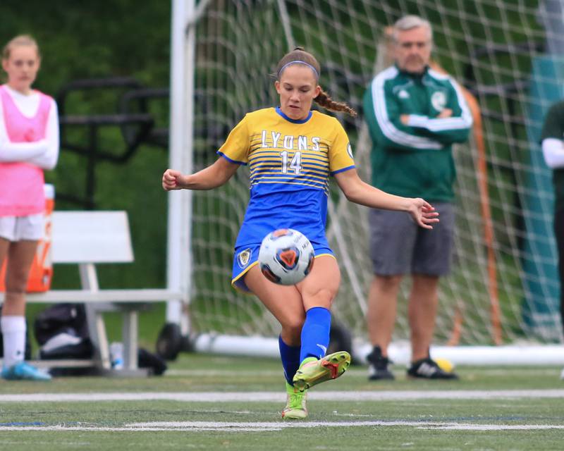 Lyon's Rielly Chesna (14) kicks the ball during the Class 3A Glenbard West Sectional final game between Lyons at Glenbard West. May 27, 2022