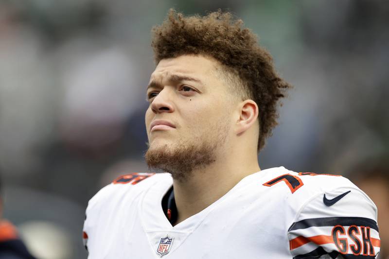 Chicago Bears offensive tackle Teven Jenkins waits to face the New York Jets during an NFL football game Sunday, Nov. 27, 2022, in East Rutherford, N.J.