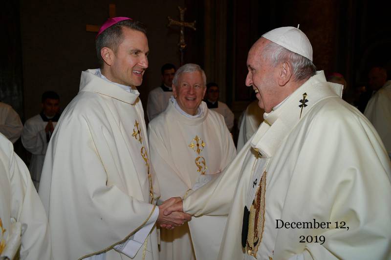 Bishop Ronald Hicks (left) meets with Pope Francis at the Vatican in December 2019. Hicks was installed as the bishop for the Diocese of Joliet in September 2020.