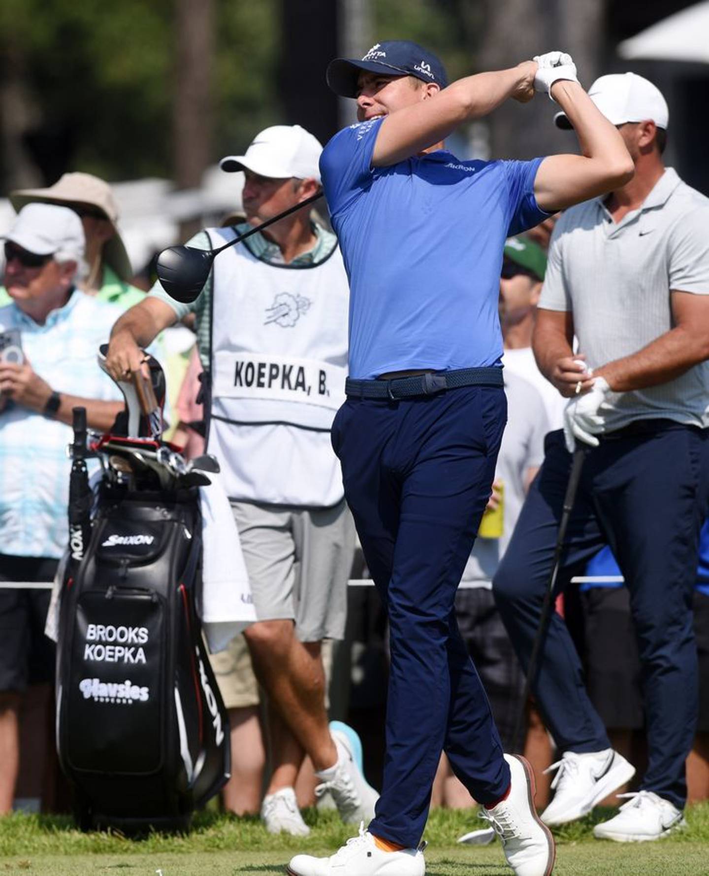 Brooks Koepka hits his tee shot on the first hole during the LIV Golf Invitational Chicago 2022 in Sugar Grove on Saturday.