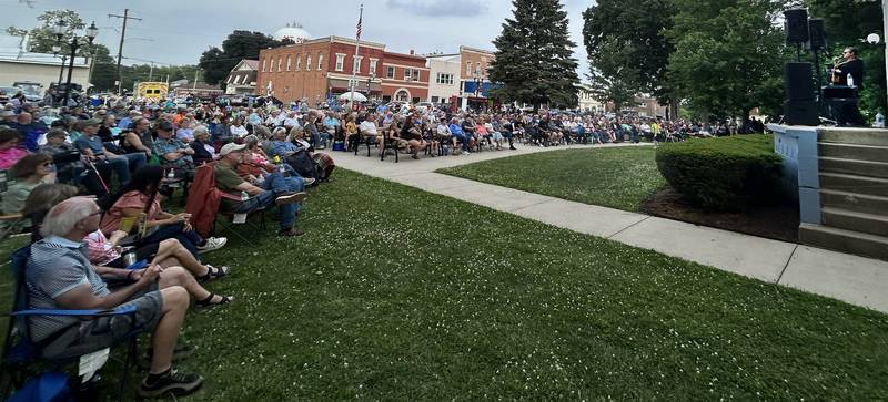 RIck Lindy (far right) performs a tribute to Roy Orbison with his band as he stands on the Warren Reckmeyer Bandshell during the opening night of the 2025 Mt. Morris Jamboree Music Series on Friday, June 13, 2025. A large crowd turned out for the event on the Campus on downtown Mt. Morris.