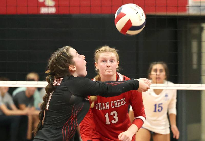 Indian Creek's Alana Morgan keeps the ball alive during during their match against Hinckley-Big Rock Tuesday, Sept. 19, 2023, at Indian Creek High School in Shabbona.