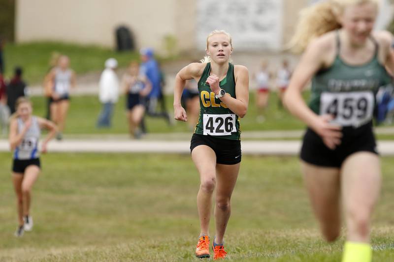 Crystal Lake South's Abby Machesky heads for the finish line to place ninth during the girls Class 2A Woodstock North XC Sectional at Emricson Park on Saturday, Oct. 30, 2021 in Woodstock.
