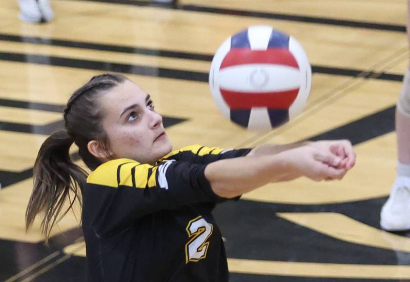 Putnam County's Ella Pyszka returns a serve against Orion during the Class 1A Regional final on Thursday, Oct. 30, 2025 at Putnam County High School.