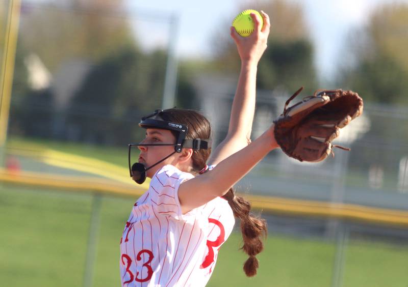 Huntley’s Gretchen Huber deals against Prairie Ridge in varsity softball at Huntley High School in Huntley on Monday, May 5, 2025.