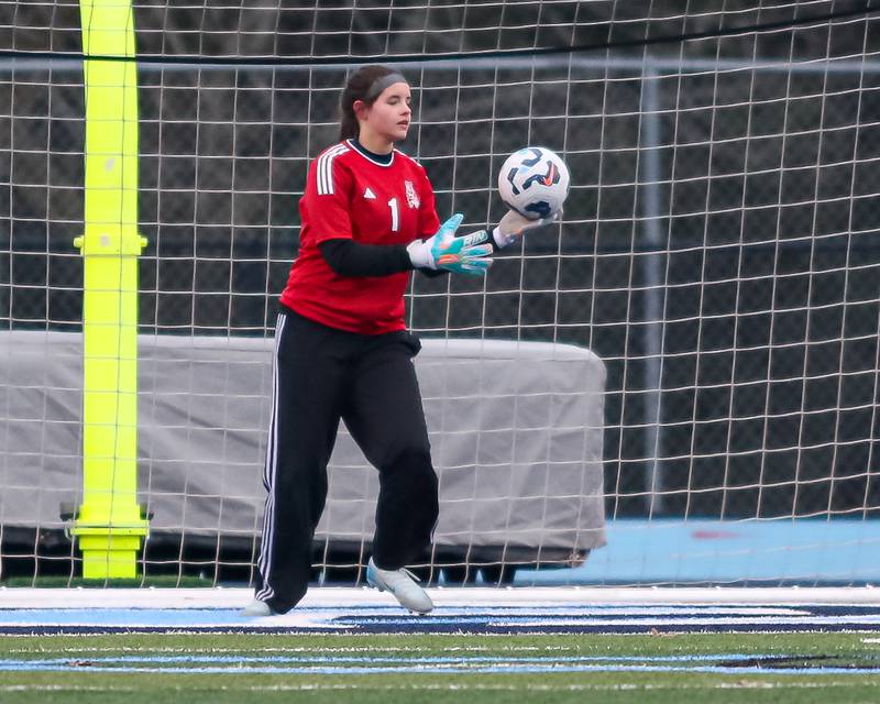 Riverside-Brookfield's Maya Tennicott (1) makes a save on goal during soccer match between Riverside-Brookfield at Downers Grove South.  April 10, 2025.